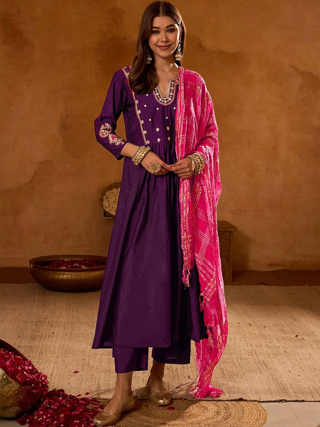 KALINI Women Embroidered Regular Kurta with Trousers & With Dupatta