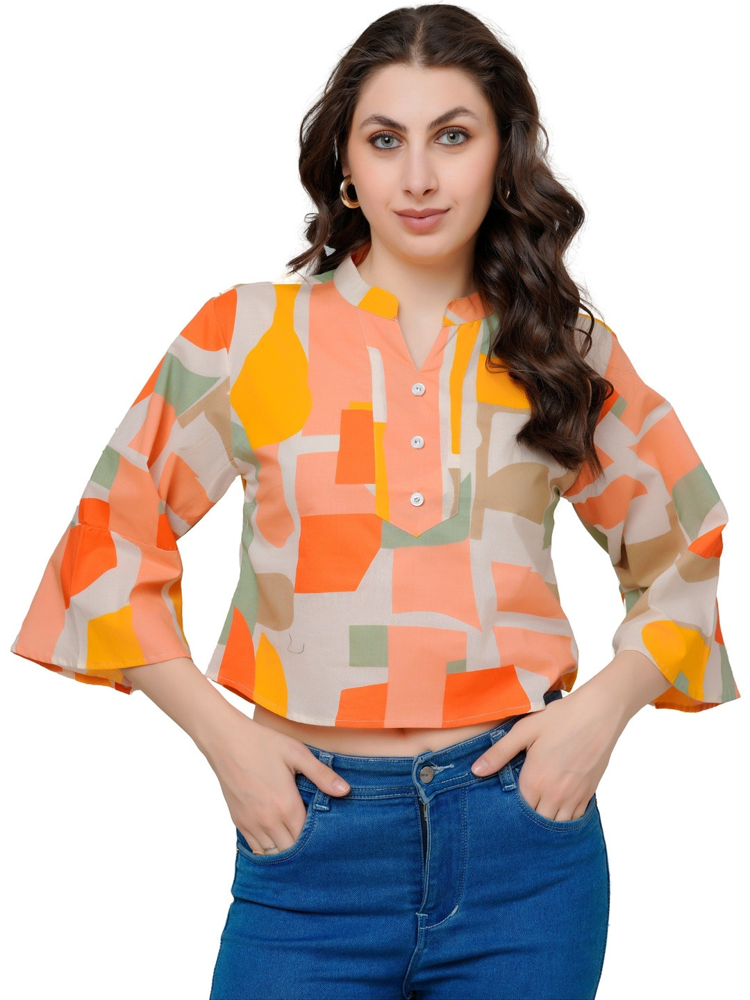 Threadflix Print Mandarin Collar Flared Sleeve Cotton Crop Top