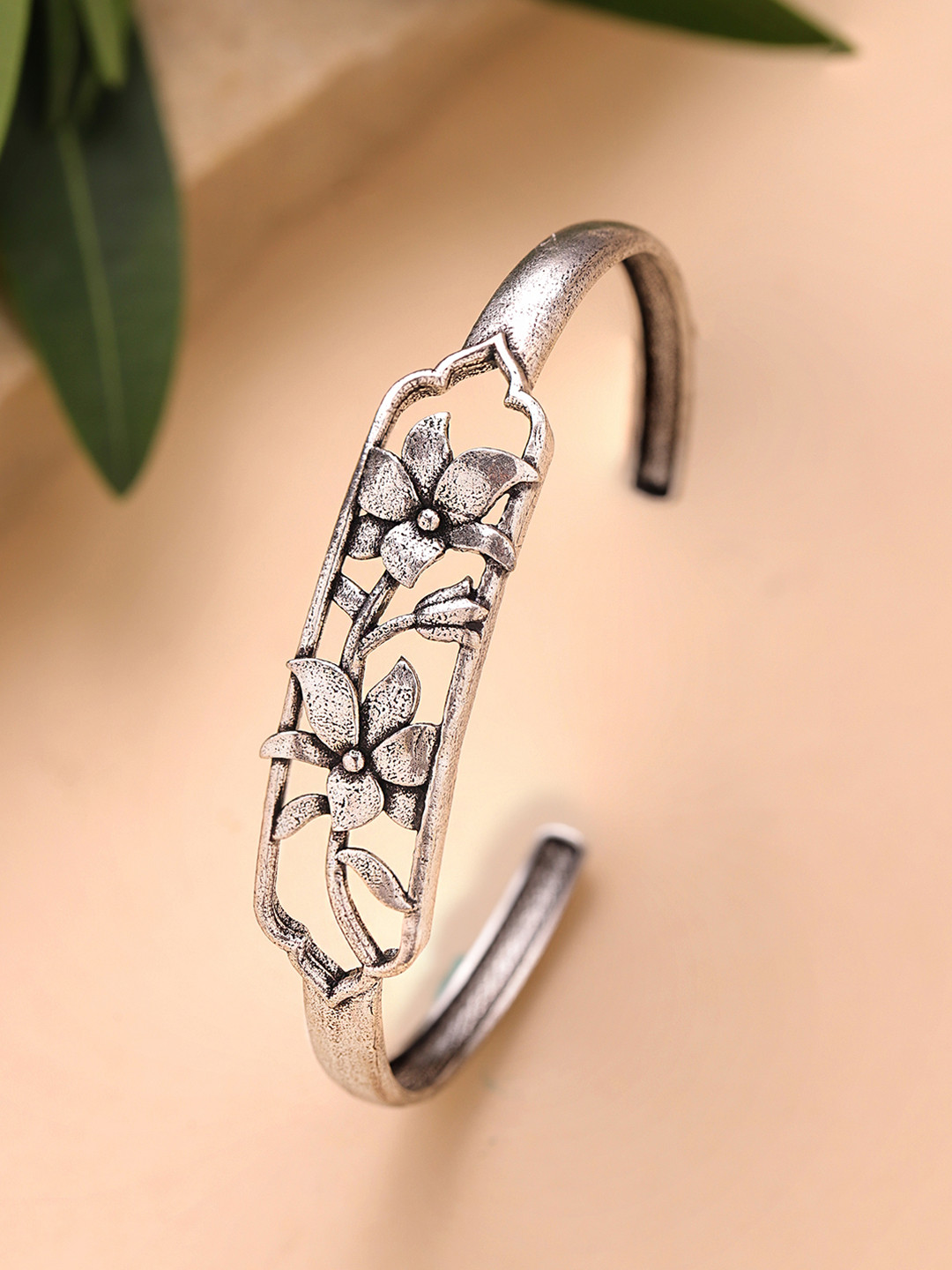 Voylla Women Brass Oxidised Silver-Plated Cuff Bracelet