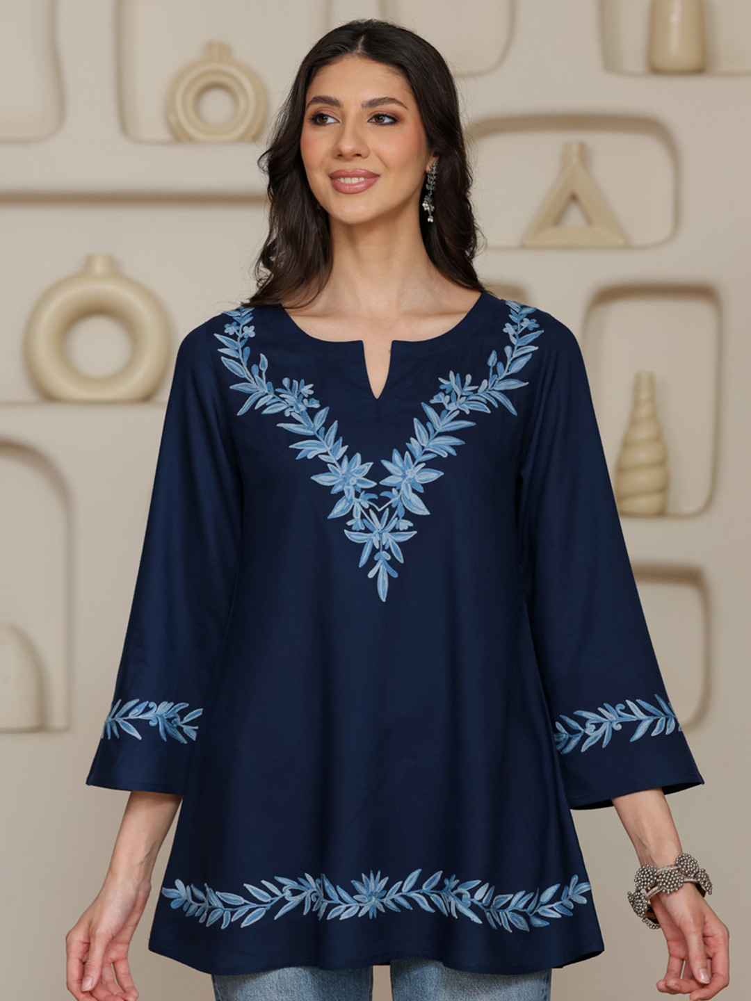 QAZMI Women Kashmiri Aari Embroidered A-Line Short Kurti with Bell Sleeves