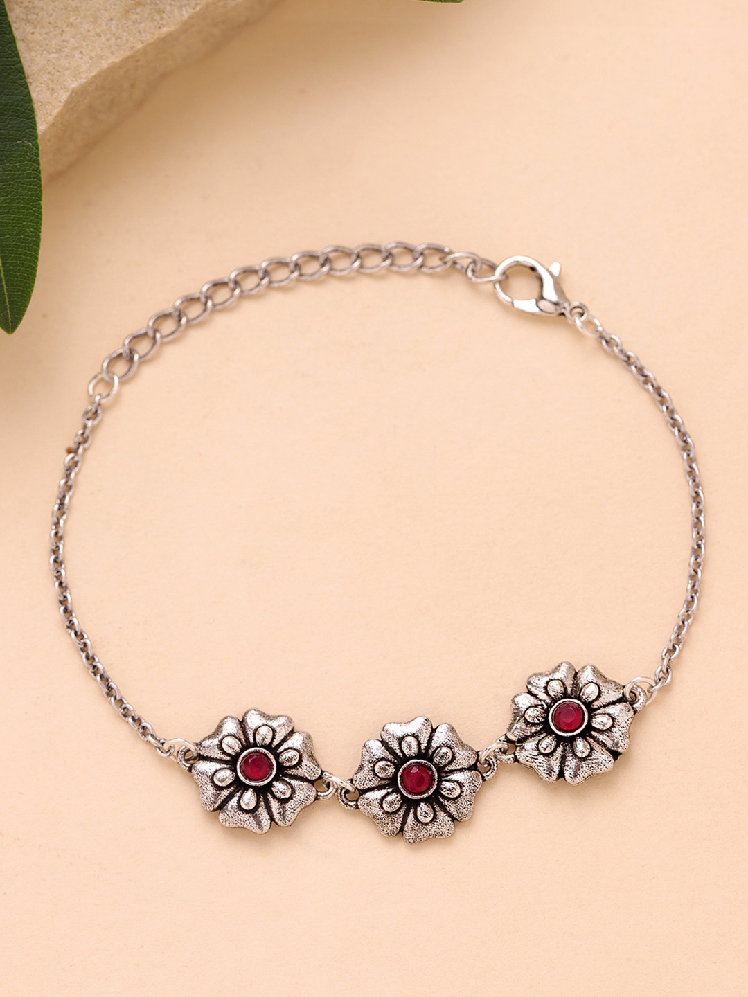 Voylla Women Brass Cubic Zirconia Oxidised Silver-Plated Link Bracelet