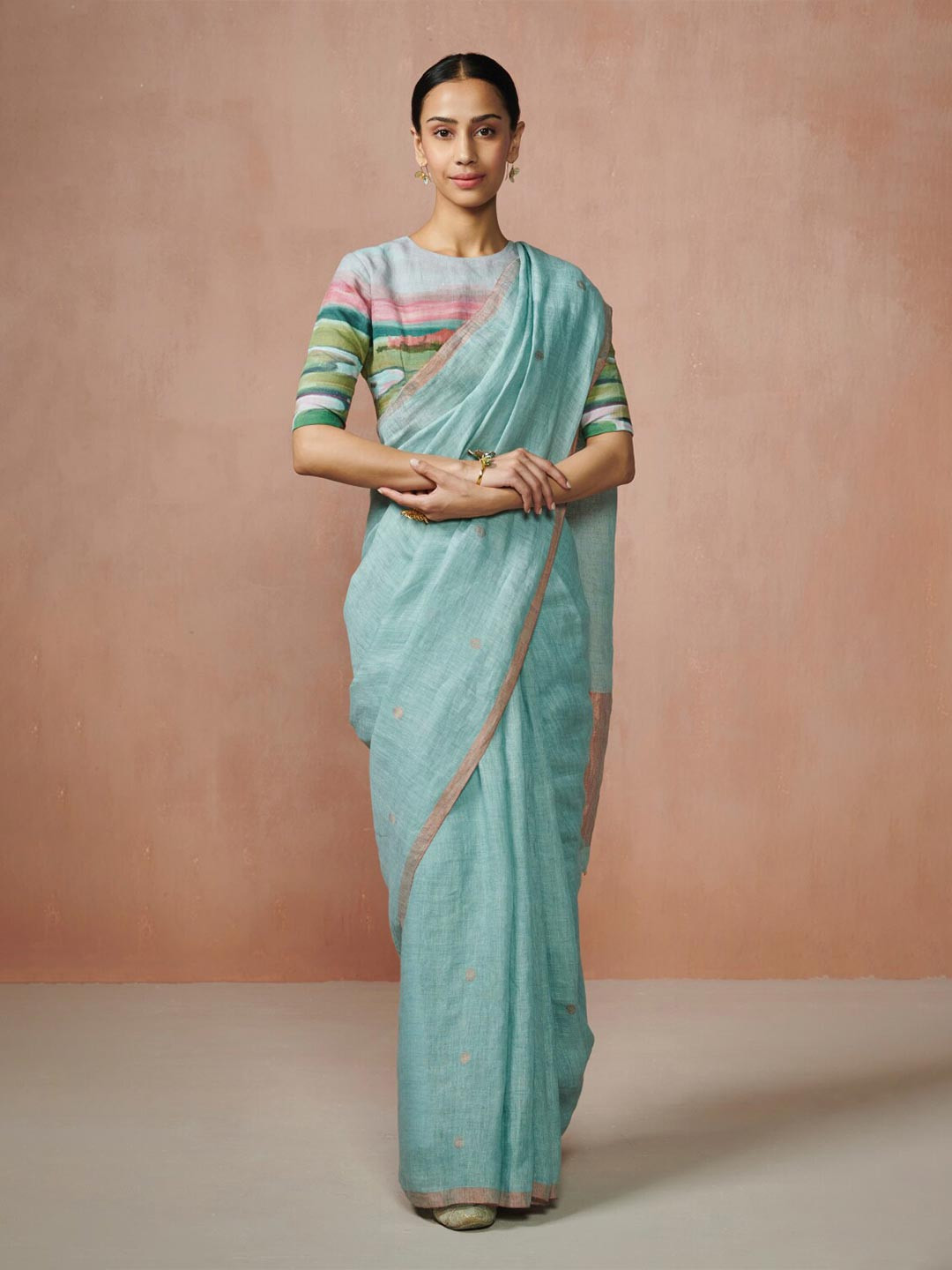 Dressfolk Blue Linen Saree with Unstitched Blouse Fabric