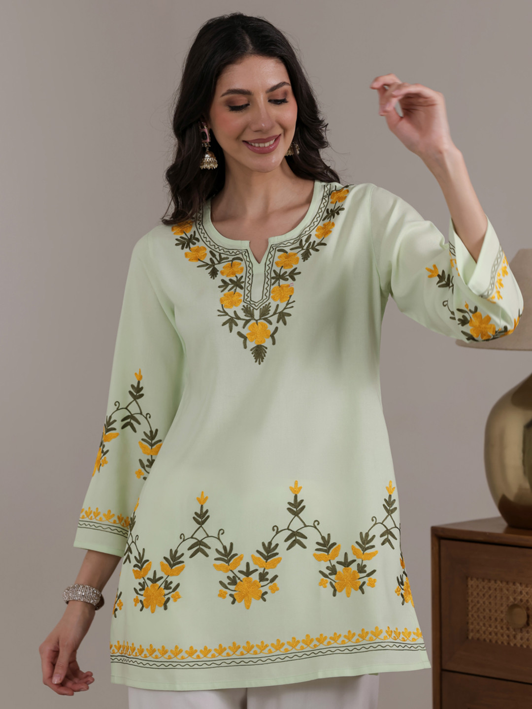 QAZMI Women Aari Embroidered Ethnic Short Kurta