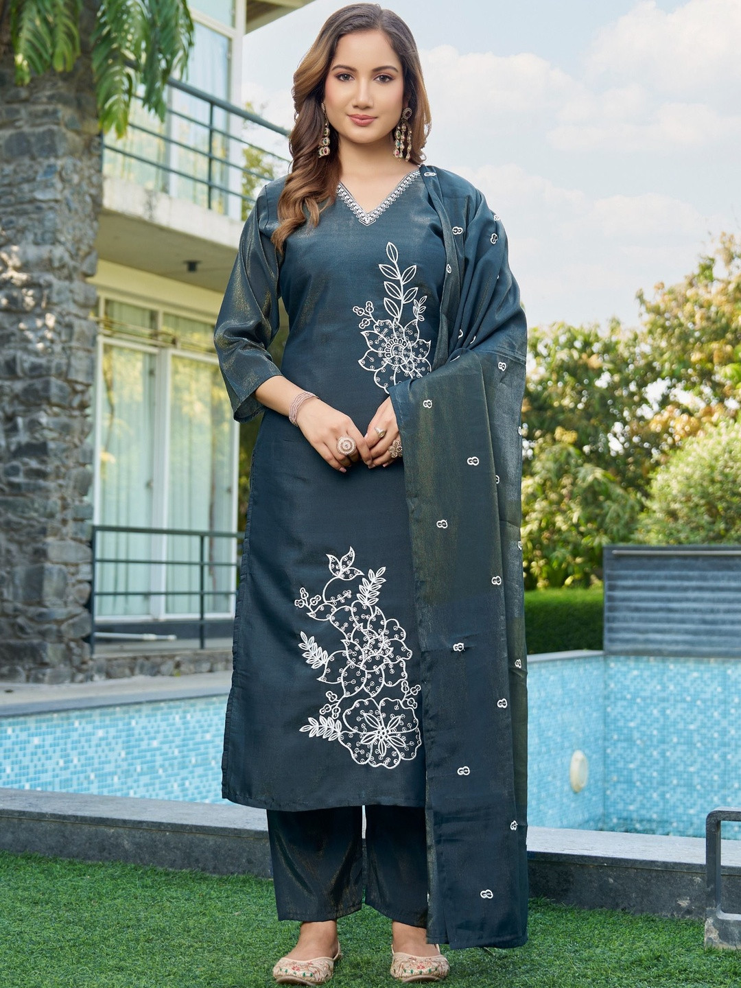 Sangria Floral Embroidered V-Neck Silk Georgette Kurta & Trousers With Dupatta