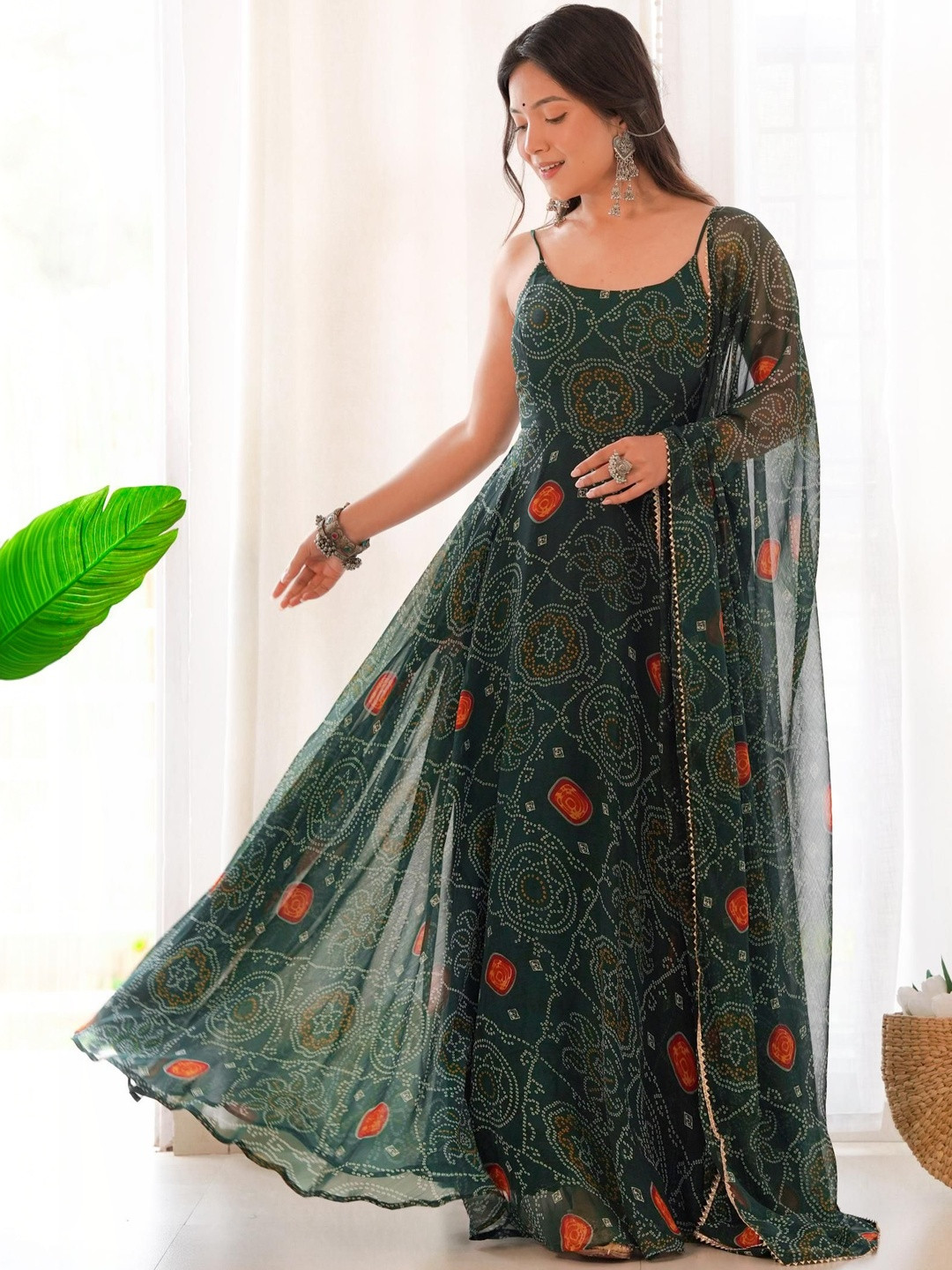 HERE&NOW Women Bandhani Printed Pleated Silk Chiffon Kurta with Trousers & With Dupatta