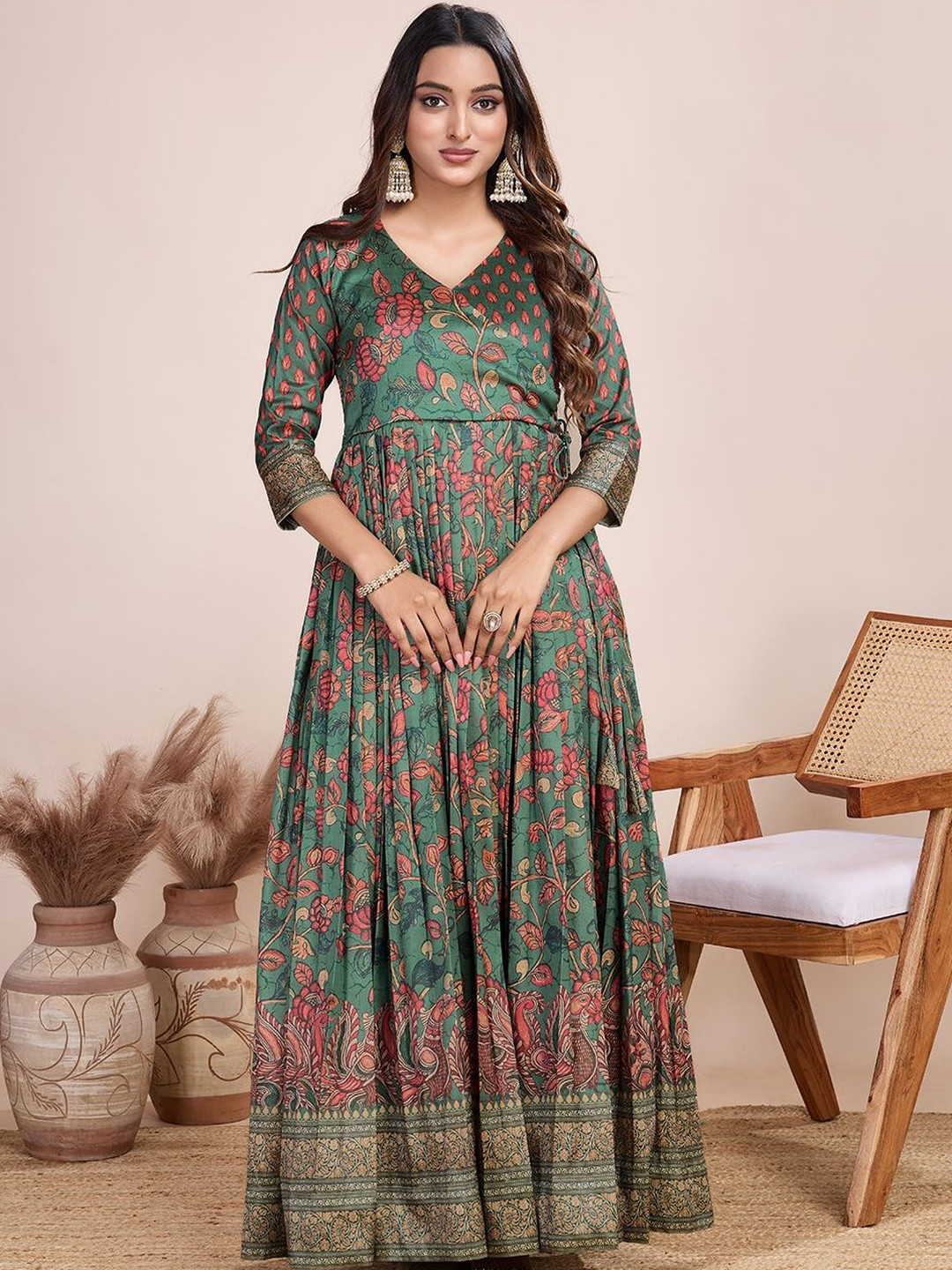 Tasarika Kalamkari Floral Printed V-Neck Flared Maxi Gathered or Pleated Ethnic Dresses Dress