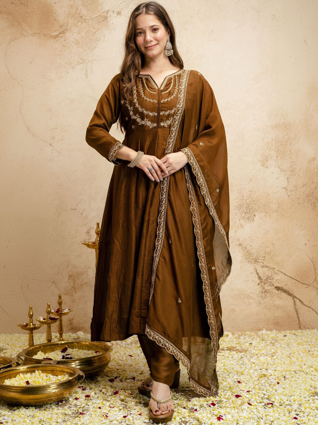 KALINI Women Floral Embroidered Regular Thread Work Kurta with Trousers & With Dupatta