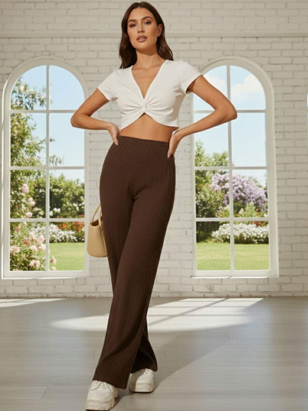 TWINS LADY Women Textured Relaxed Wrinkle Free Trousers