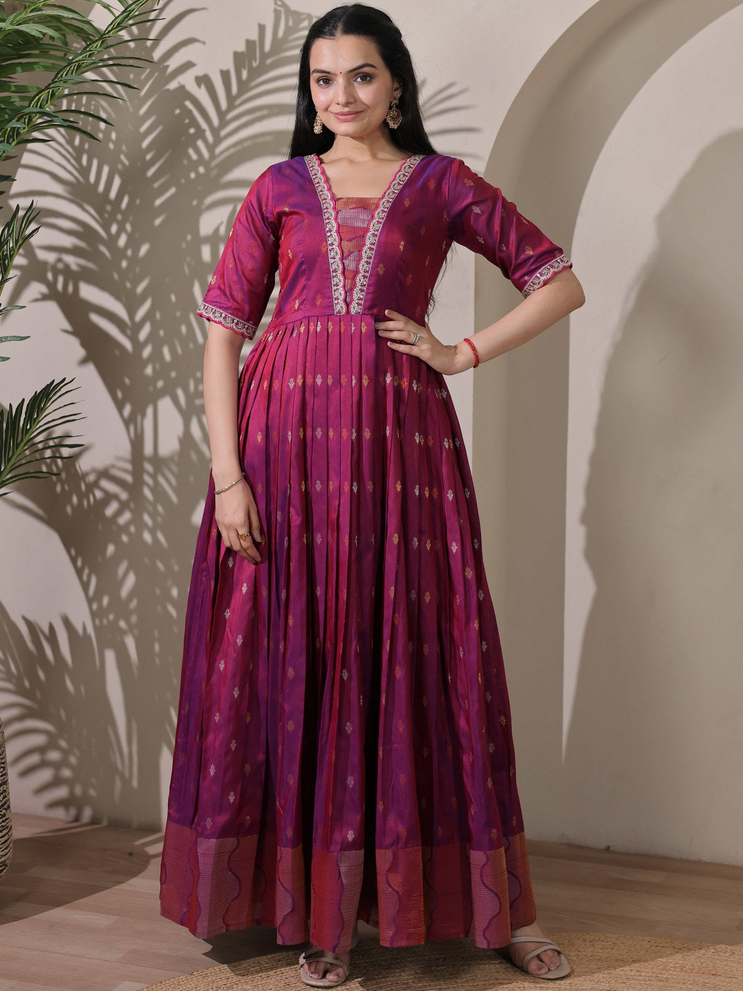 Tasarika Pink Ethnic Motifs Embroidered V-Neck Flared Maxi Dresses Dress