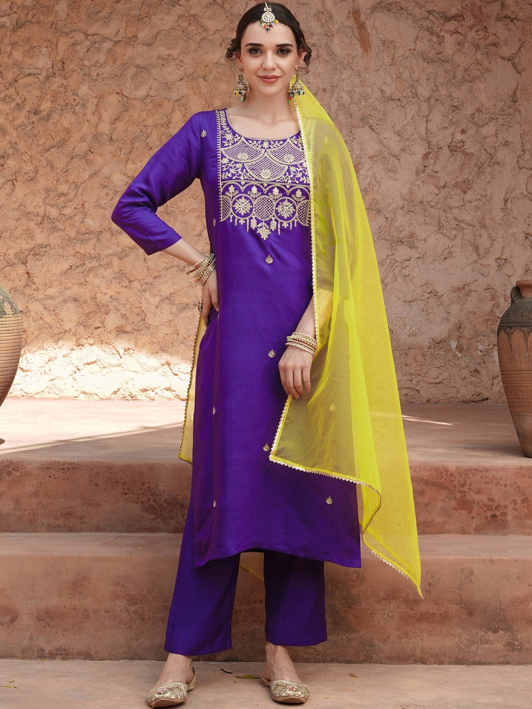 Navlik Women Embroidered Regular Raw Silk Kurta with Trousers & With Dupatta