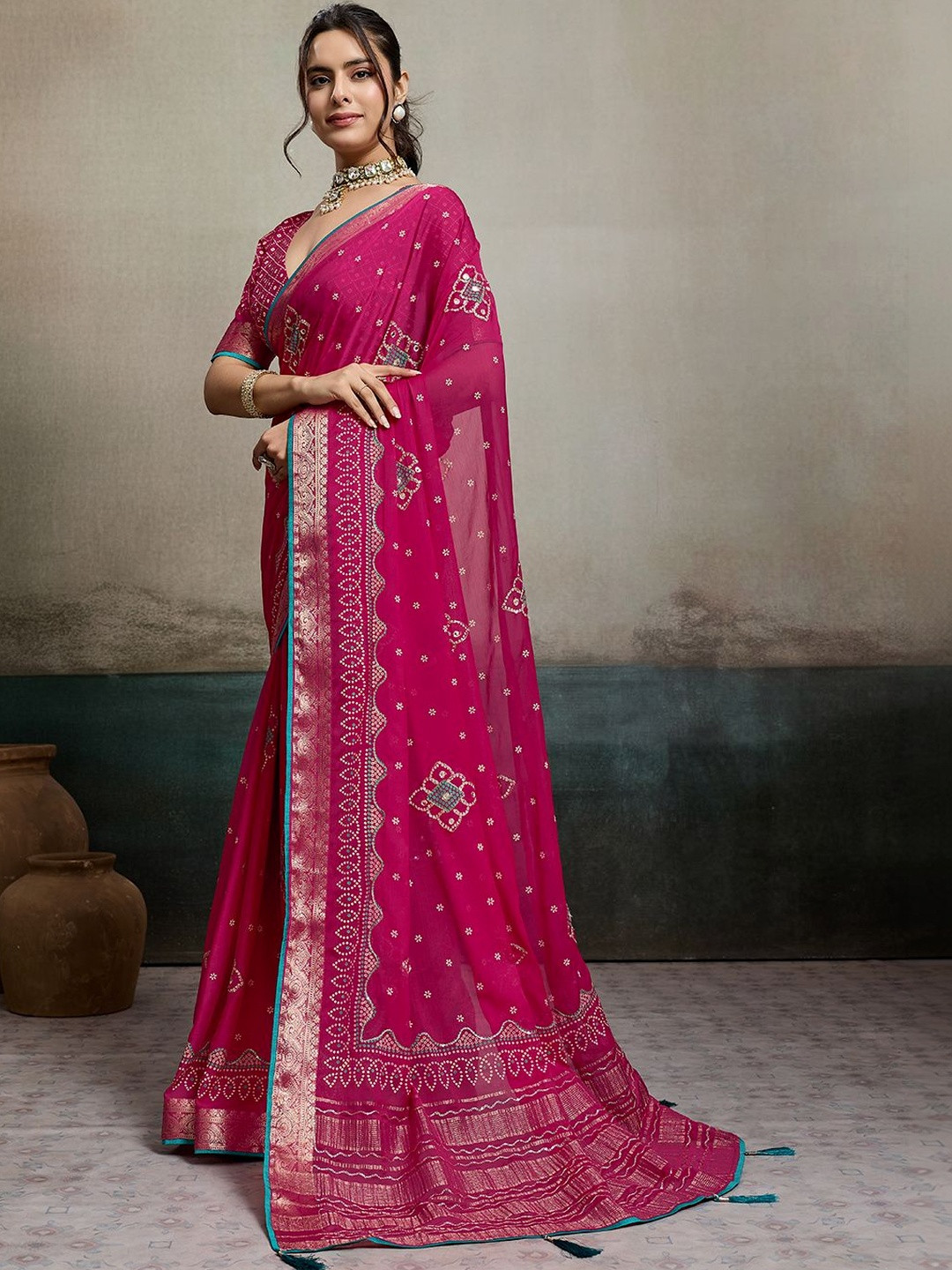SOHINI NX Ethnic Motifs Zari Poly Chiffon Handloom Saree