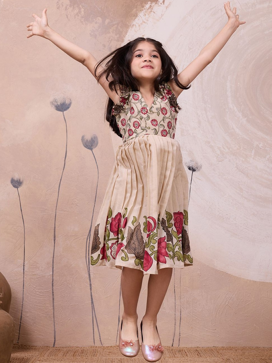 Tasarika Girls Beige Floral V-Neck Printed Midi Gathered or Pleated Linen Dress