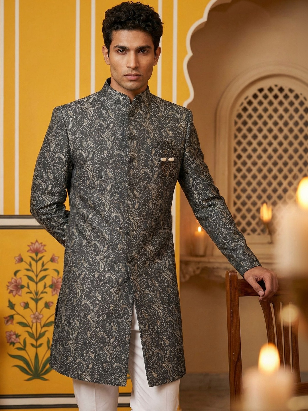 Jompers Self Design Mandarin Collar Sherwani