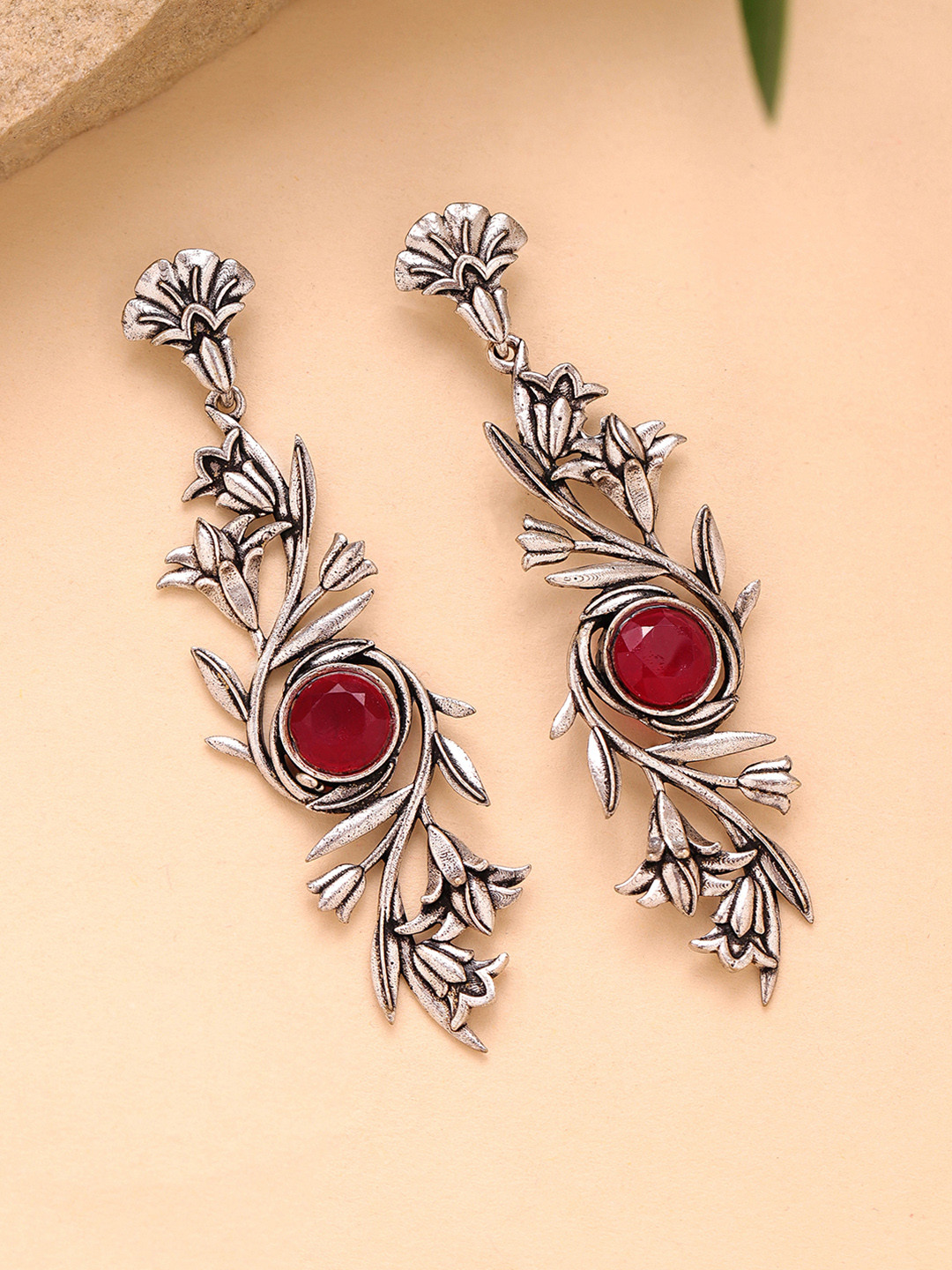Voylla Floral Drop Oxidised Earrings