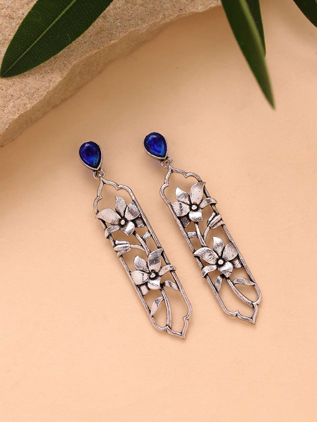 Voylla Floral Drop Oxidised Earrings