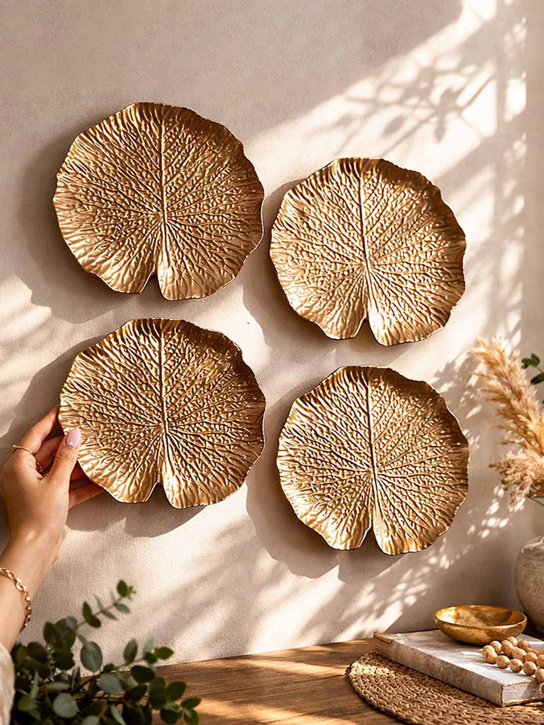 Art Street 4-Pcs Golden Lotus Leaves Shaped MDF Wall Plates