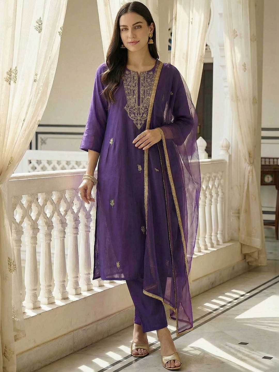 Indo Era Women Ethnic Motifs Embroidered Regular Kurta with Trousers & With Dupatta