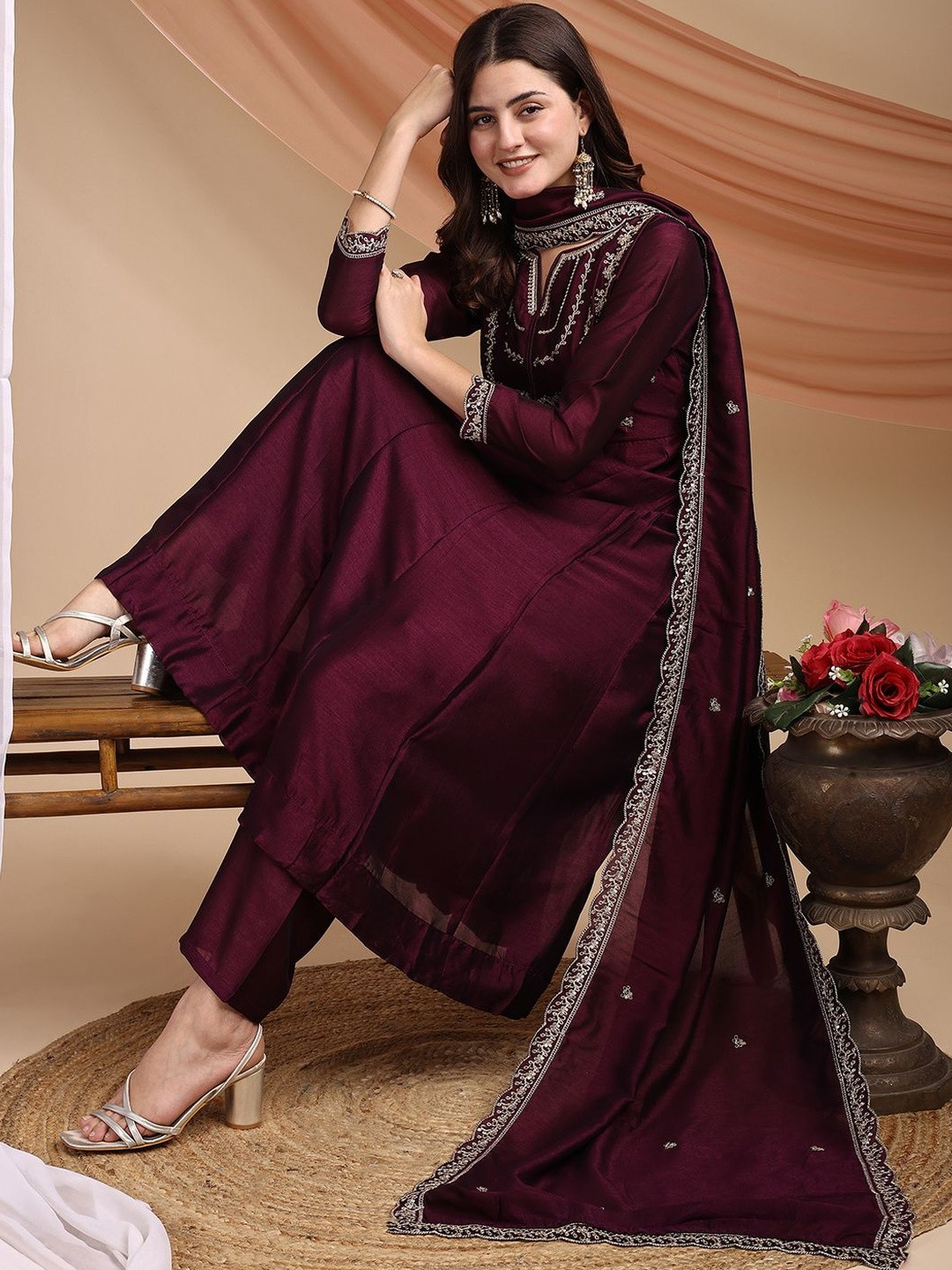 House of Pataudi Embroidered V-Neck Kurta & Trousers With Dupatta