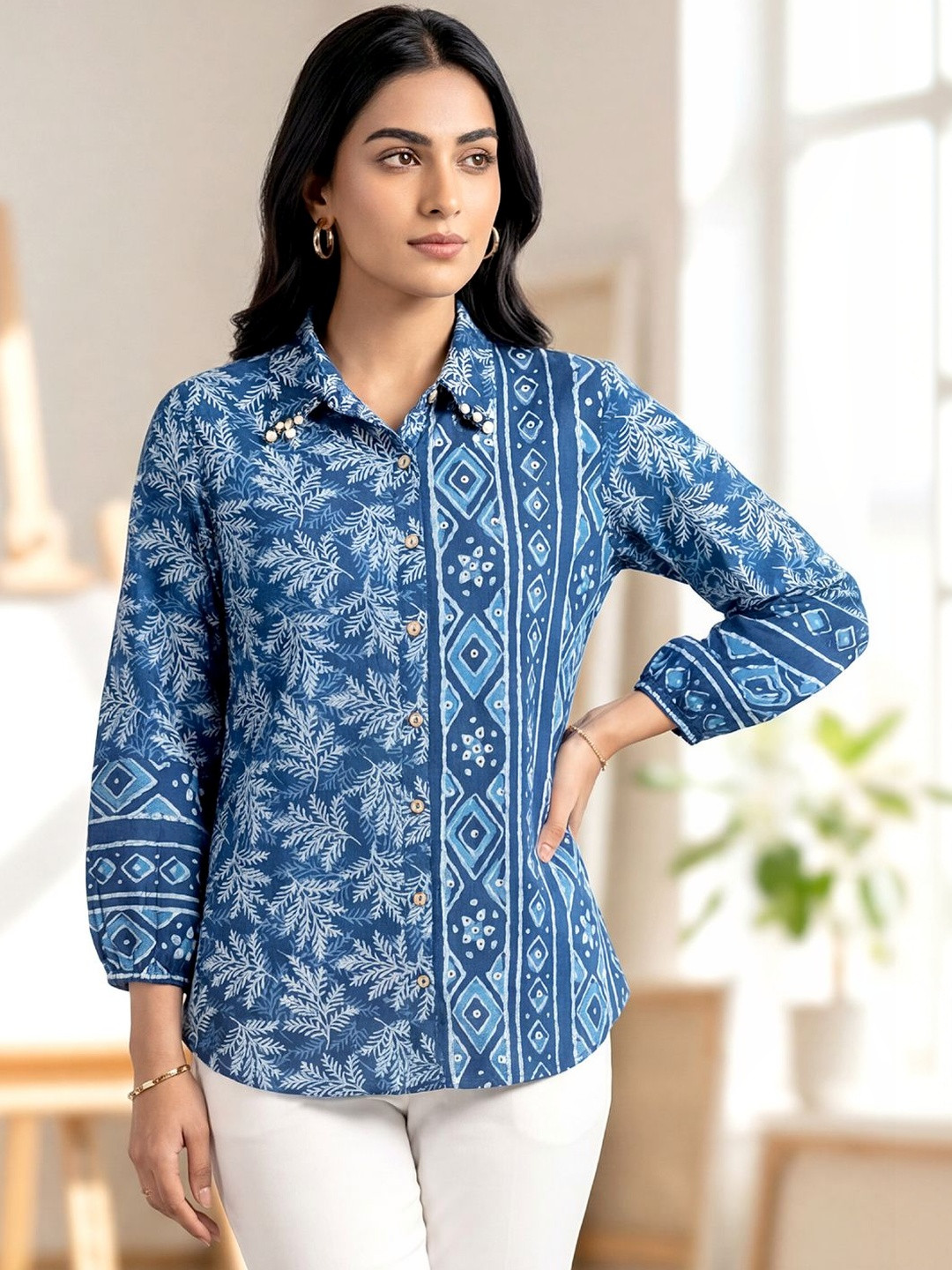 HERE&NOW Shirt Collar Printed Embellished Tunic