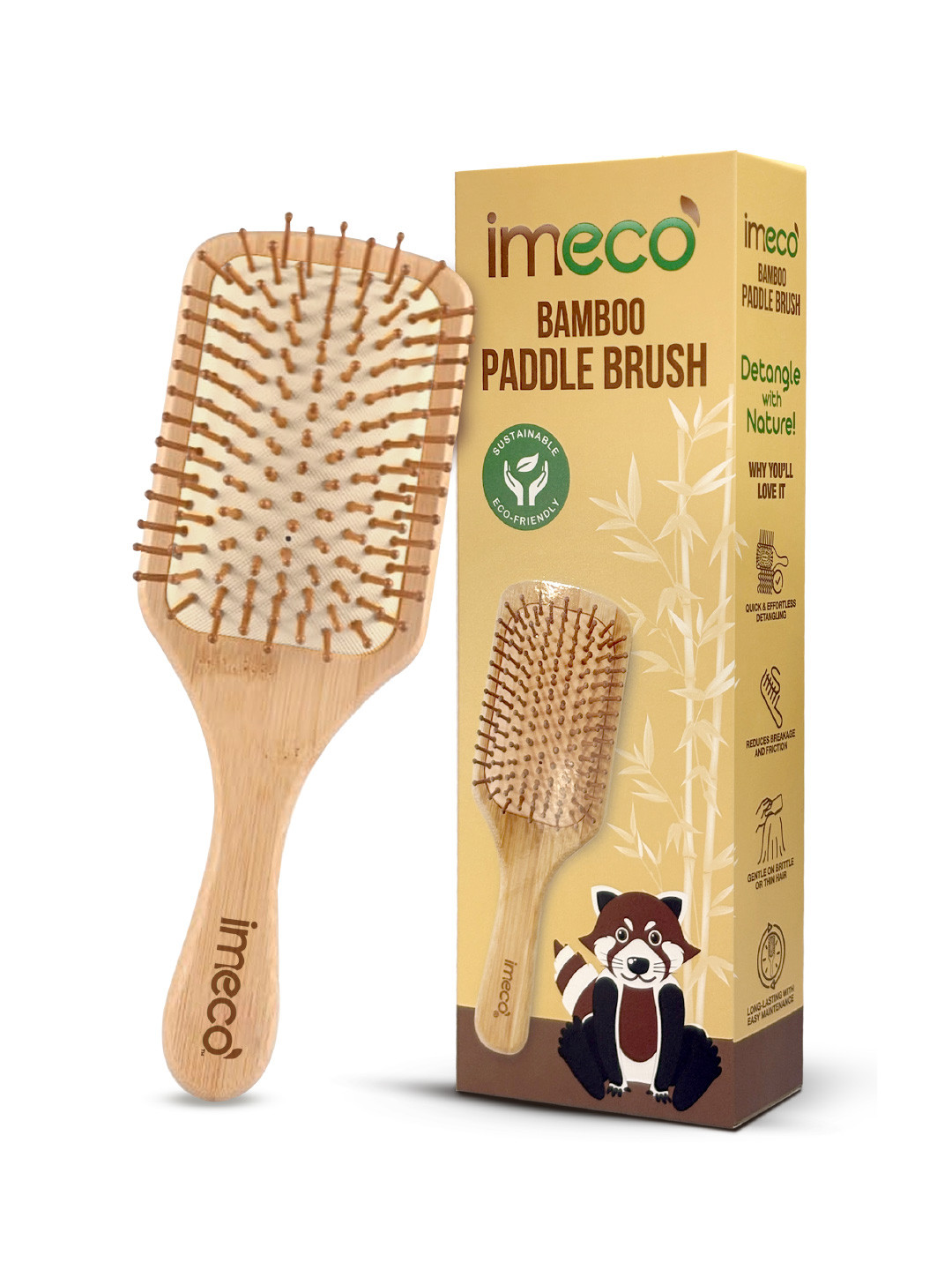 IMECO Bamboo Rectangle Paddle Hair Brush