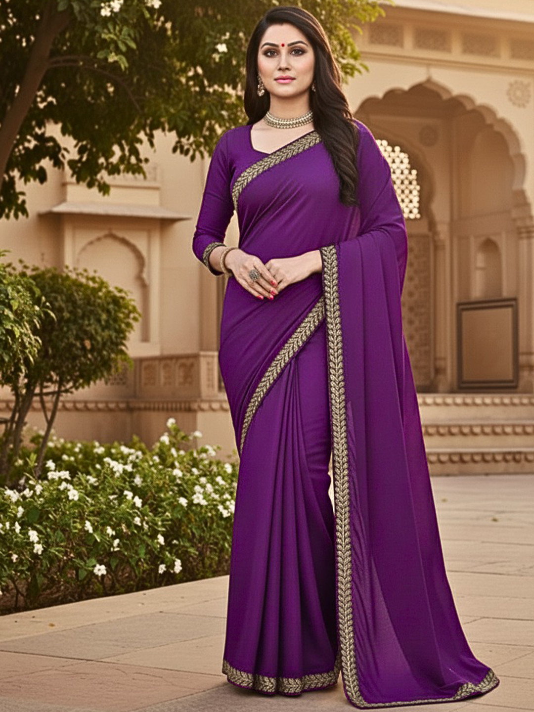 YUGAVEERAA Solid Embellished Border Saree With Blouse Piece