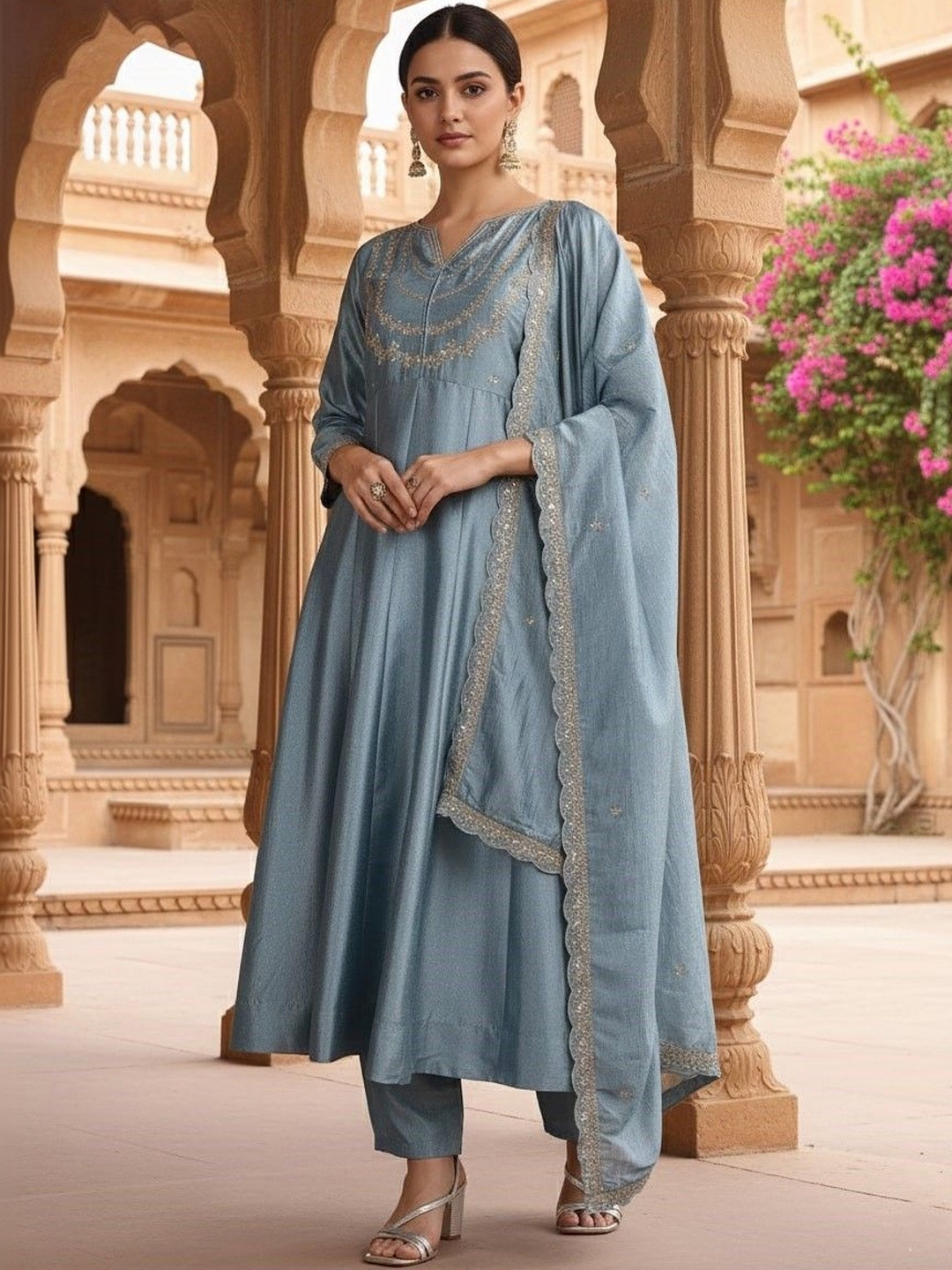 SOURAGYA Women Ethnic Motifs Embroidered Regular Sequinned Kurta with Trousers & With Dupatta