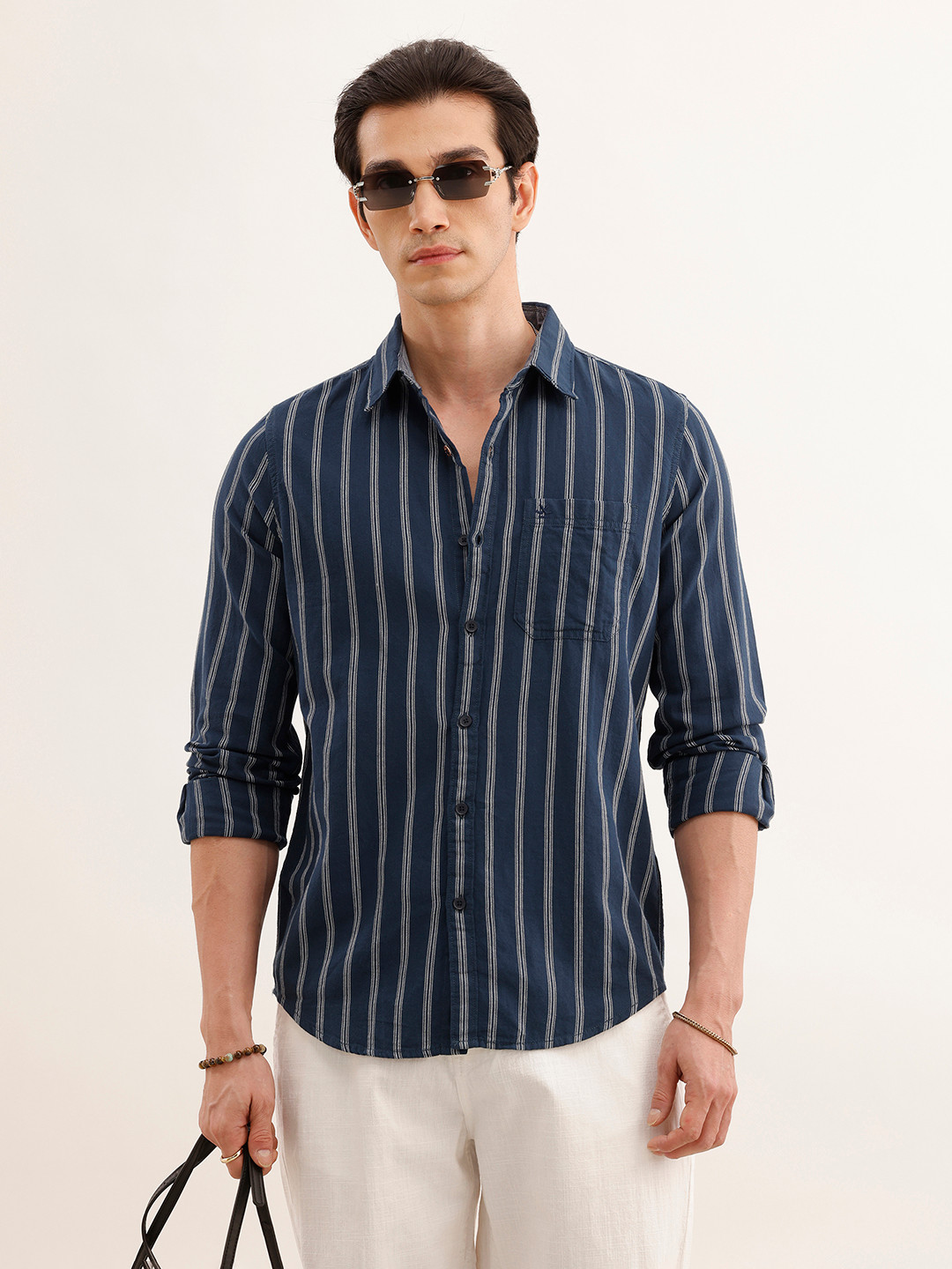 WROGN Men Navy Blue & White Pure Cotton Slim Fit Striped Casual Shirt