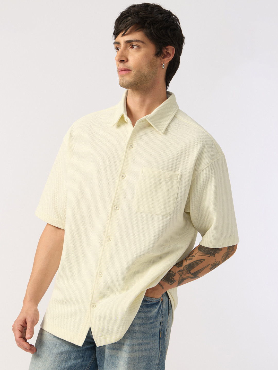 The Souled Store Mens Textured Beige Oversized Fit Textured Shirts