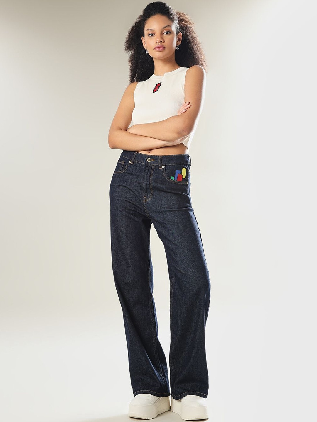 ONLY Women Abstract Print Wide Leg High-Rise Blue Jeans