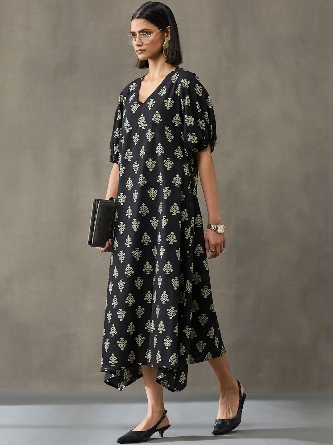 Navibhu Contemporary Handloom Silk-Blend Floral Print Puff Sleeve A-Line Midi Dress