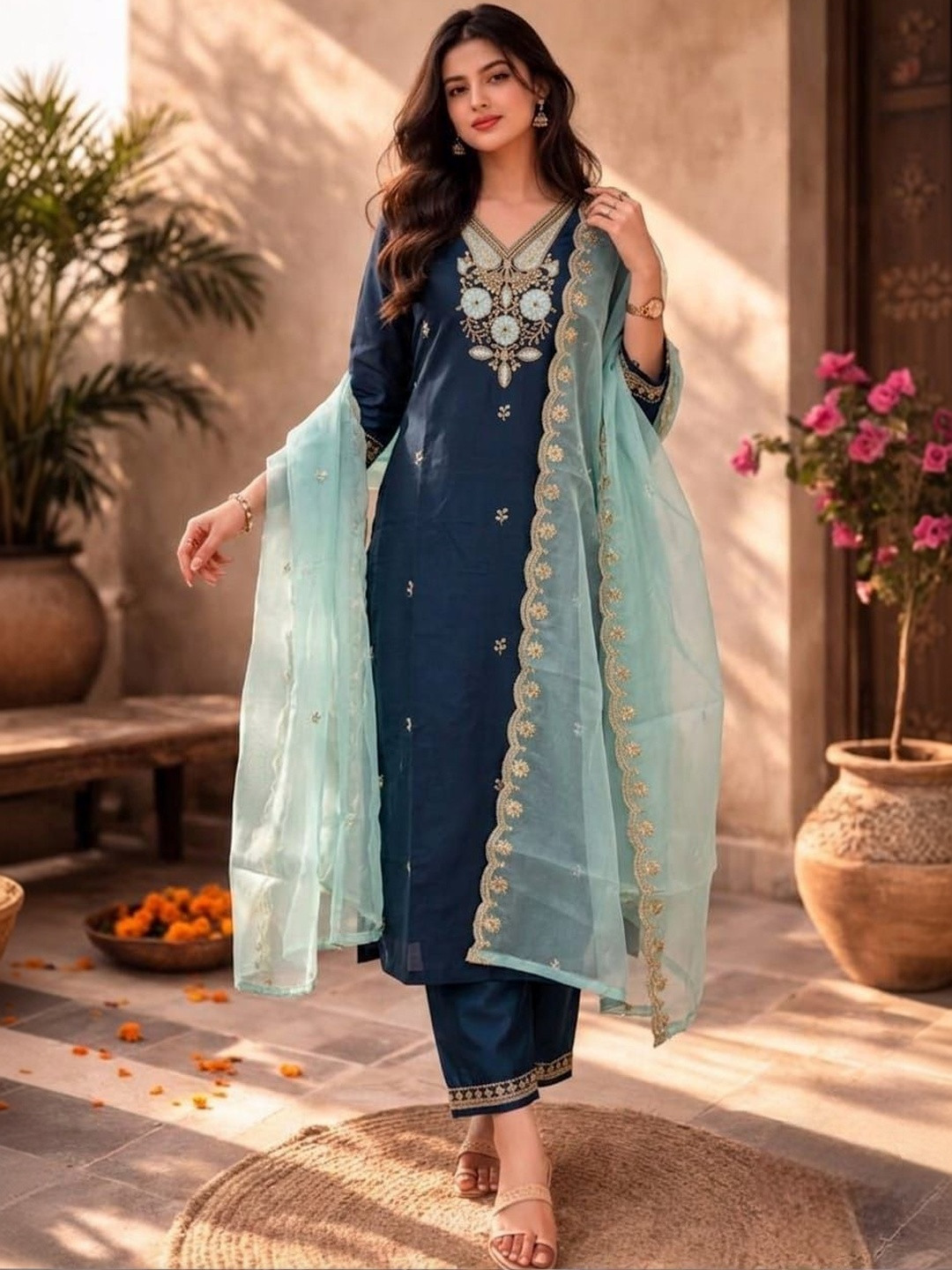 TIBAKKDI Women Embroidered Regular Sequinned Kurti with Trousers & With Dupatta