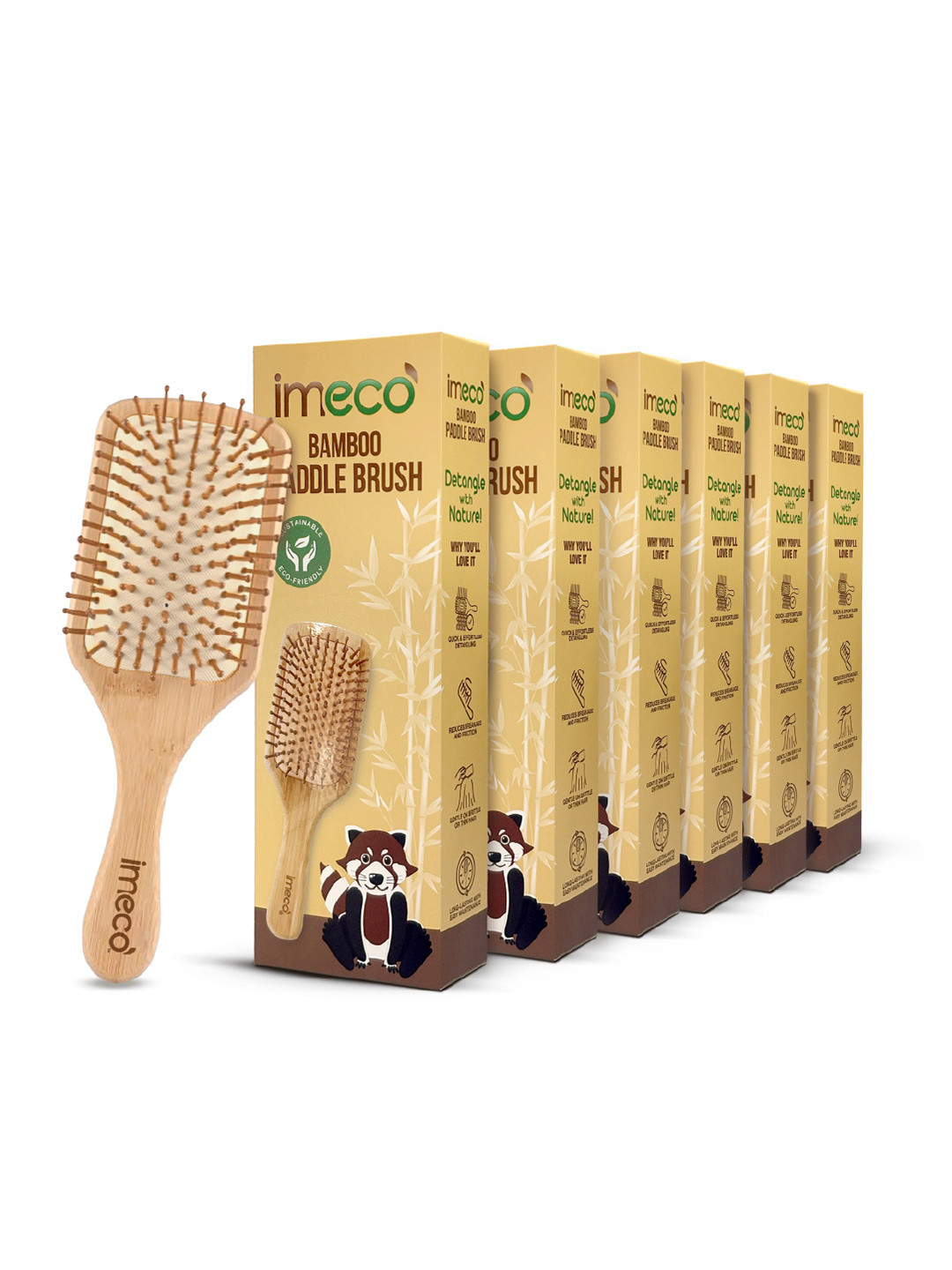 IMECO Set Of 6 Detangling Bamboo Flat Paddle Brush Combs