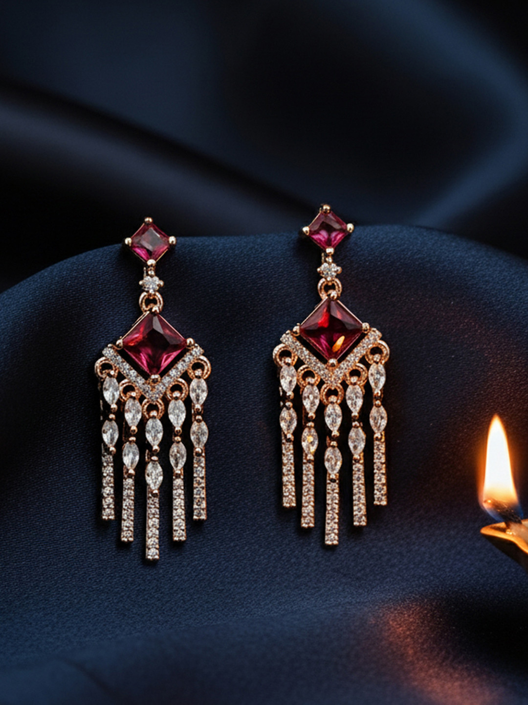 I Jewels Rose Gold Plated American Diamond Studded Drop Earrings