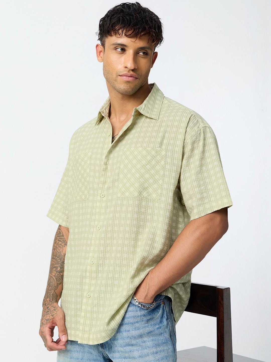 The Souled Store Mens Checked Green Oversized Fit Textured Shirts
