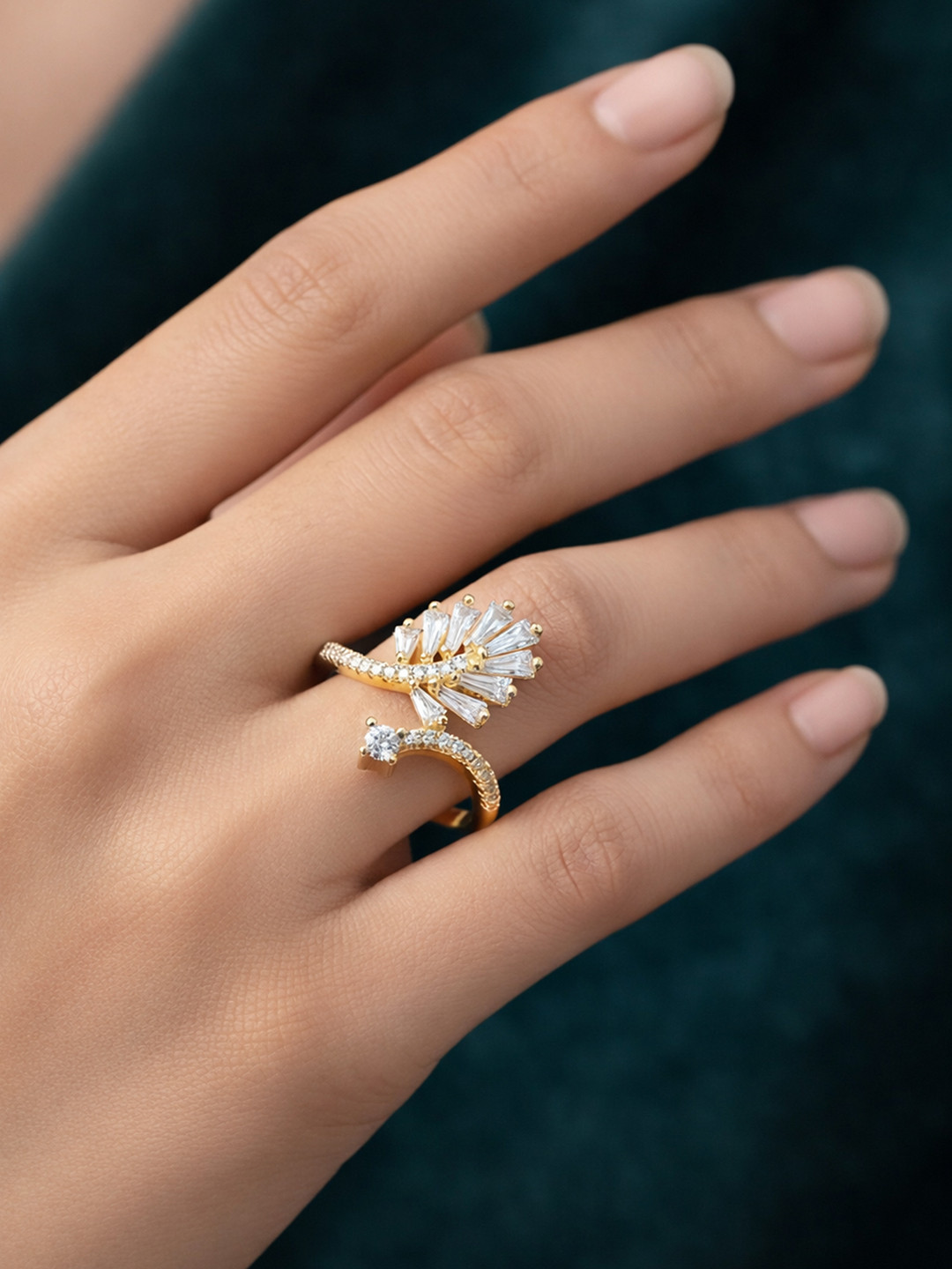 ARTKLIM Gold-Plated Cubic Zirconia Studded Finger Ring