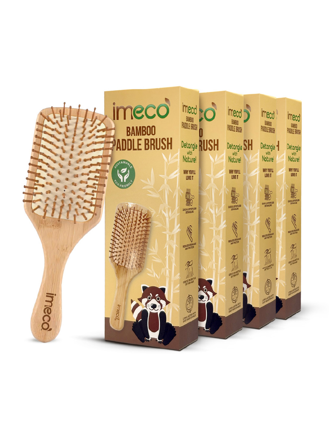 IMECO Set Of 4 Detangling Bamboo Flat Paddle Brush Combs