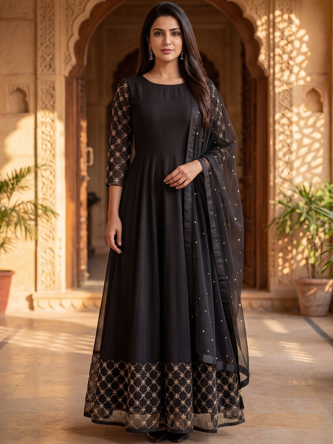 SZN Women Georgette Embroidered Flared Ethnic Dress