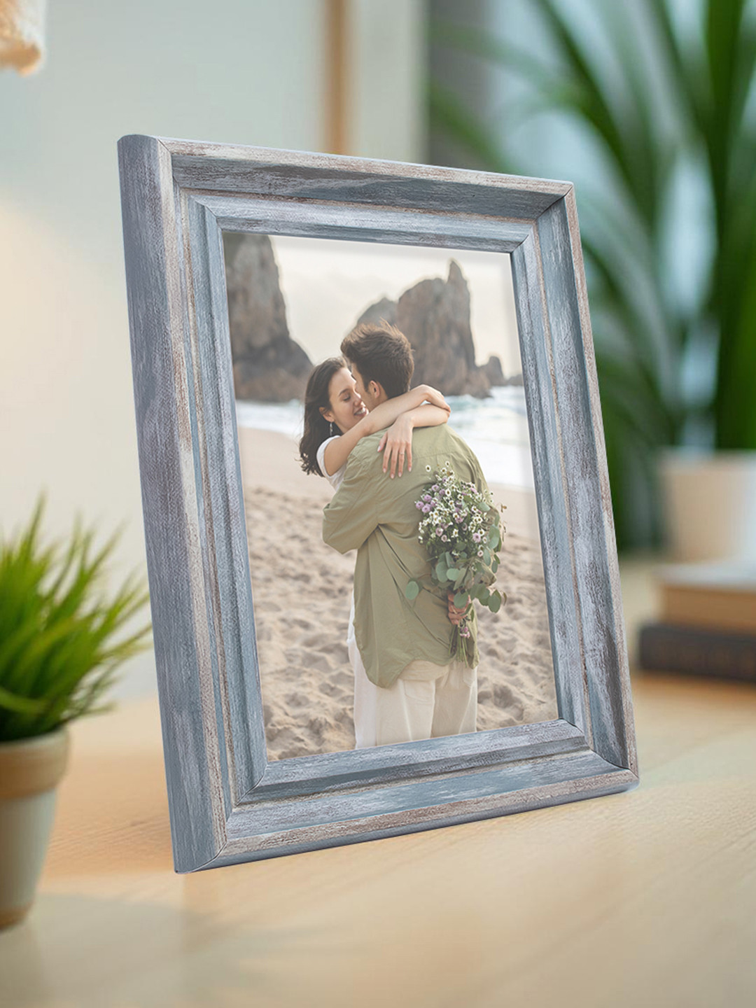 Golden Peacock Rustic Blue-Grey Table Photo Frame for 5x7 Inch Photos