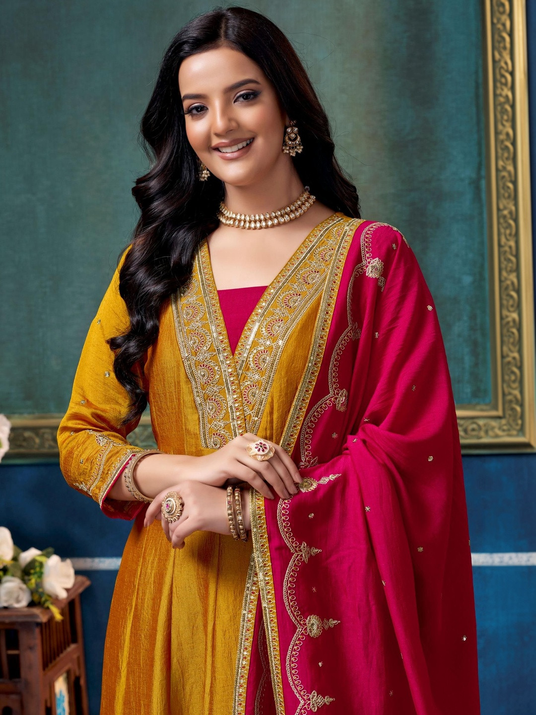 FABZOO Women Embroidered Panelled Kurti With Trousers & Dupatta