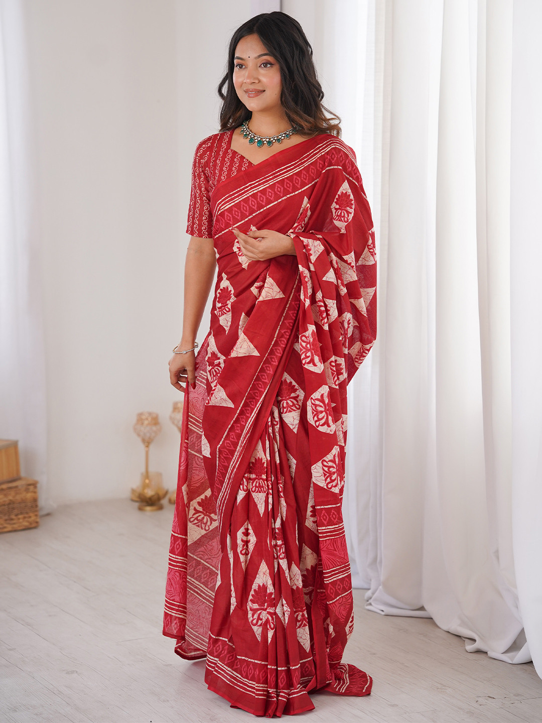 Anouk Ethnic Motifs Pure Cotton Handloom Bagru Ready to Wear Saree