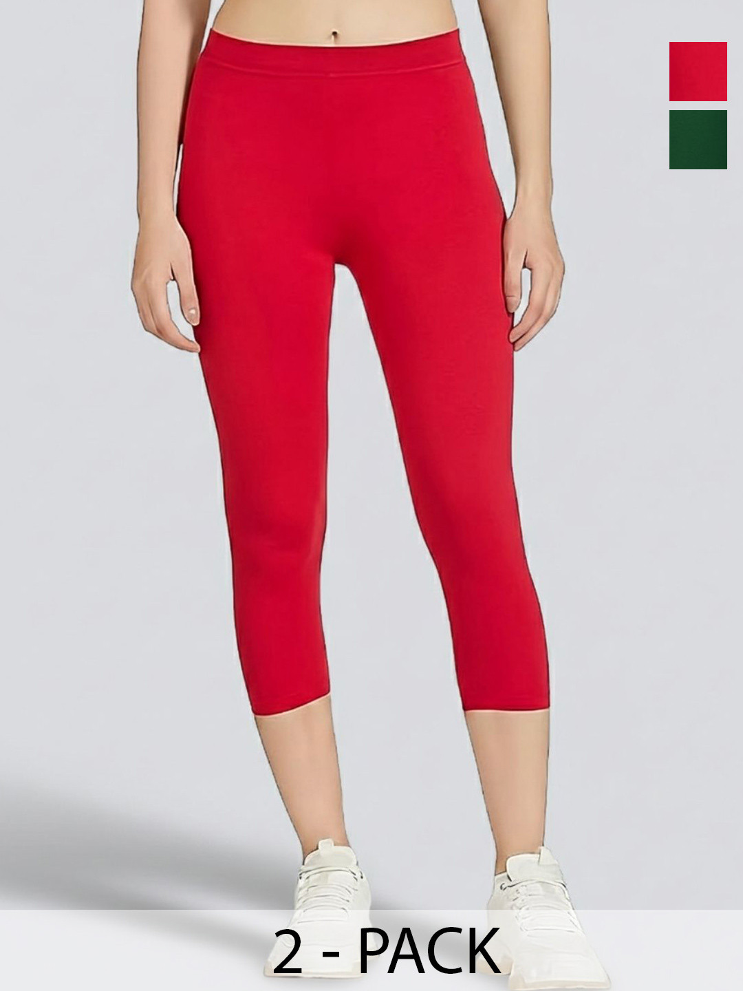 ZAYANQA Women Pack of 2 Green & Red Slim Fit Cotton Three Fourth Capri Leggings