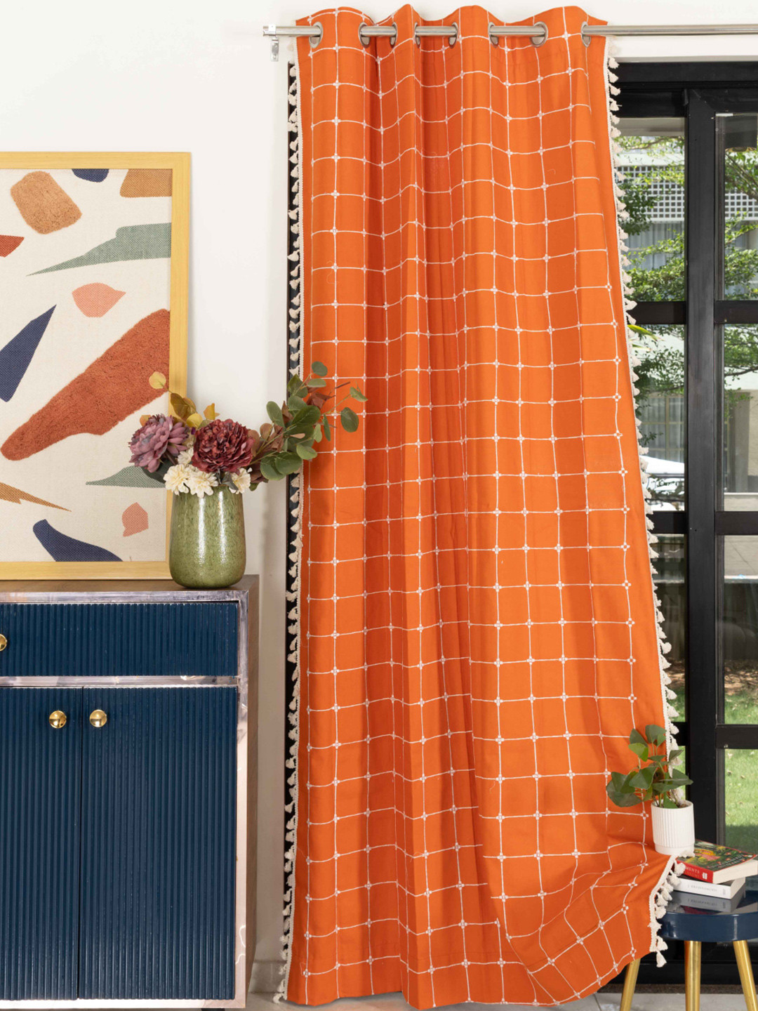 URBAN SPACE Embroidered Cotton Eyelet Long Door Curtain
