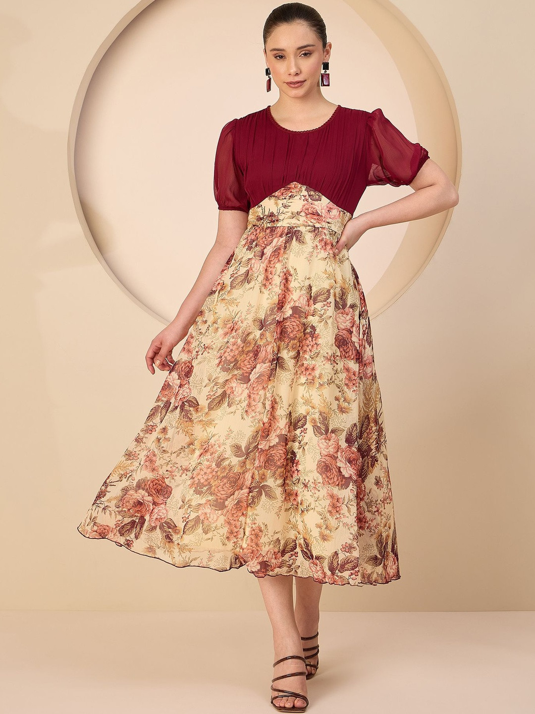 Antheaa Floral Chiffon Fit & Flare Midi Dress
