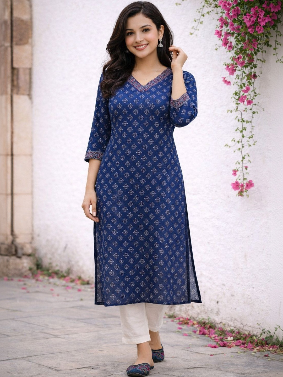KALINI Floral Printed V-Neck Pure Cotton Blend Kurti