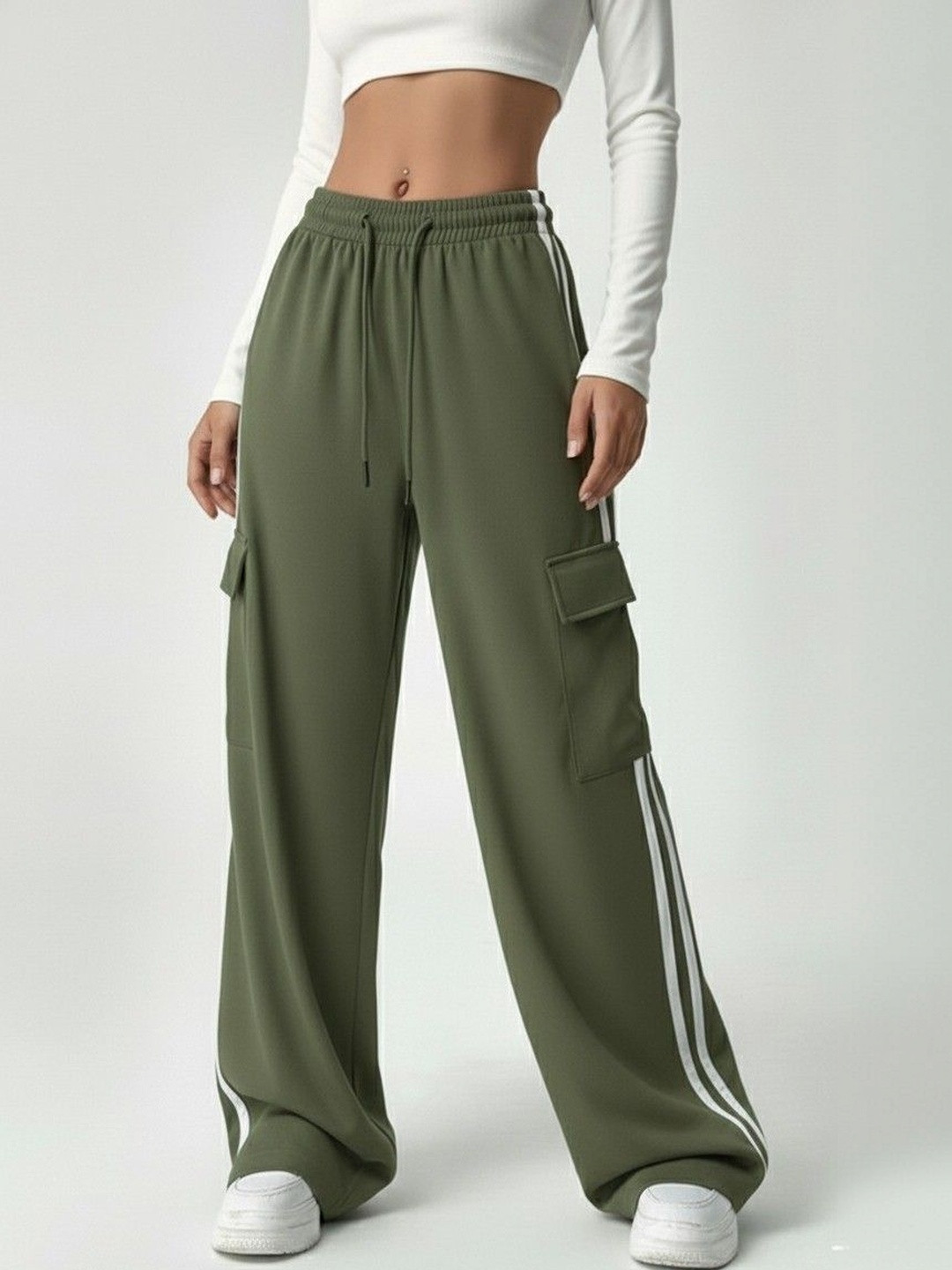 FELLAMO Women Striped Relaxed Fit High-Rise Easy Wash Cargos Trousers