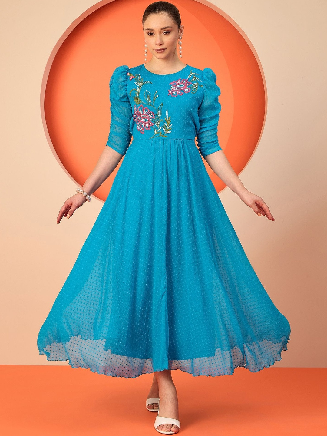Antheaa Embroidered Bohemian Chiffon Fit & Flare Maxi Dress