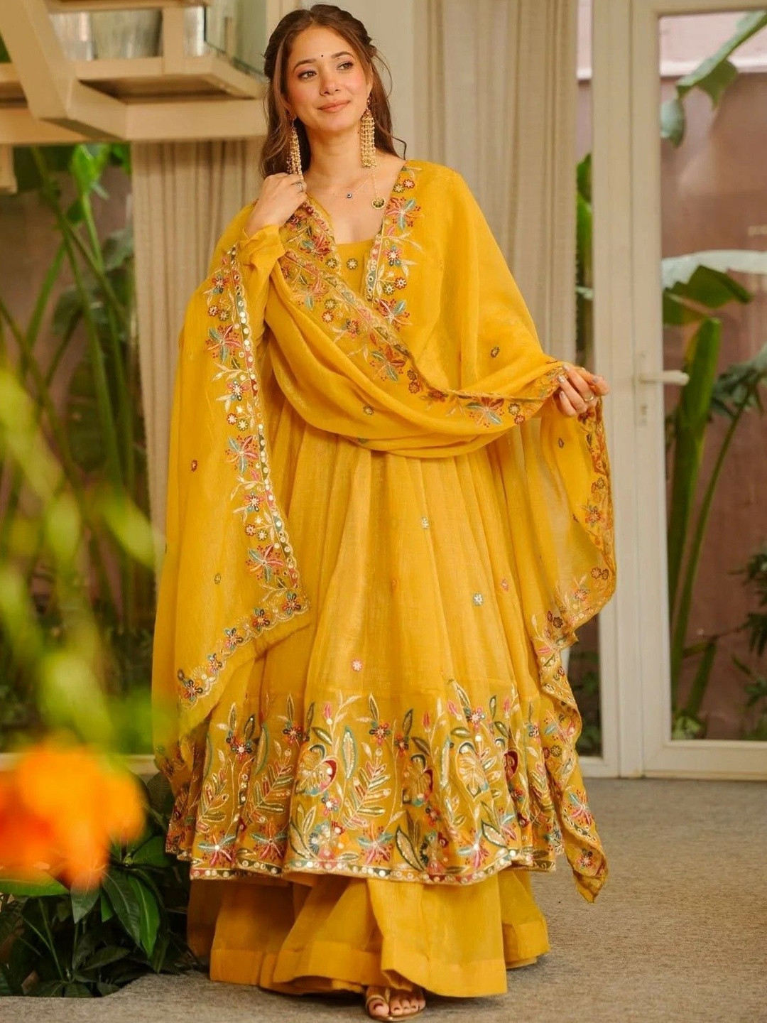 HERE&NOW Women Embroidered Regular Kurta with Trousers & With Dupatta