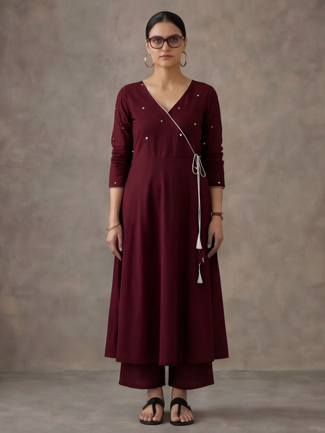 Navibhu Workwear Women Embroidered Angrakha Mirror Work Pure Cotton Kurta with Trousers
