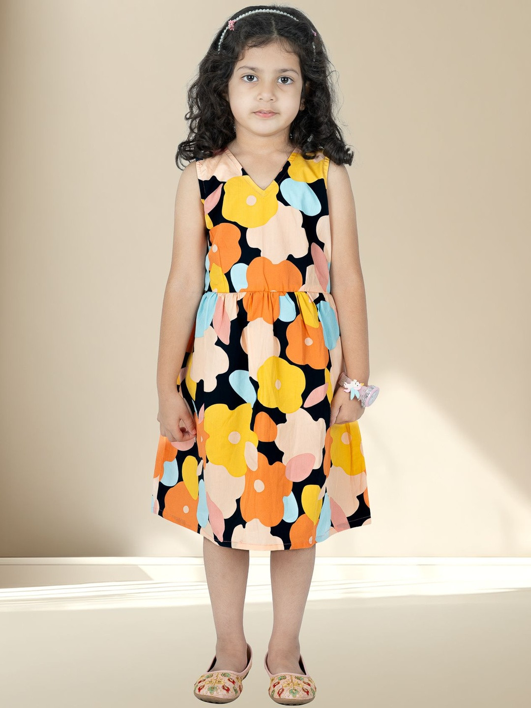 MAITREYO Girls Floral Printed V-Neck Cotton Dress