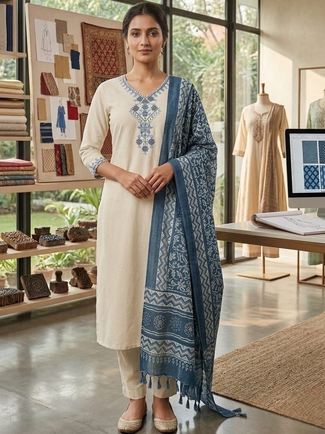 TIBAKKDI Women Embroidered Regular Sequinned Pure Cotton Kurti with Trousers & With Dupatta